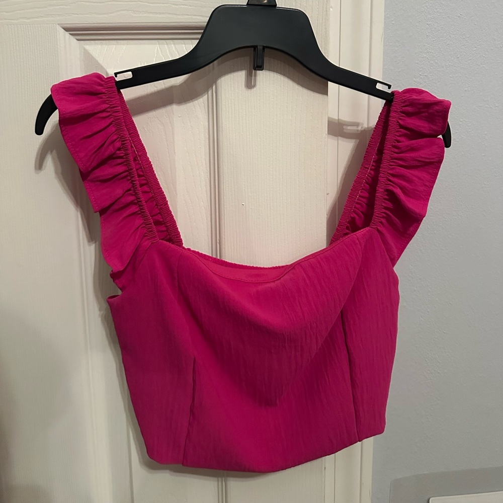 Blue Blush Fuchsia Ruffled Strap Crop Top and Skirt Set